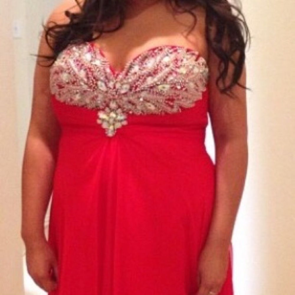 Night Moves Red Strapless Beaded Prom Dress